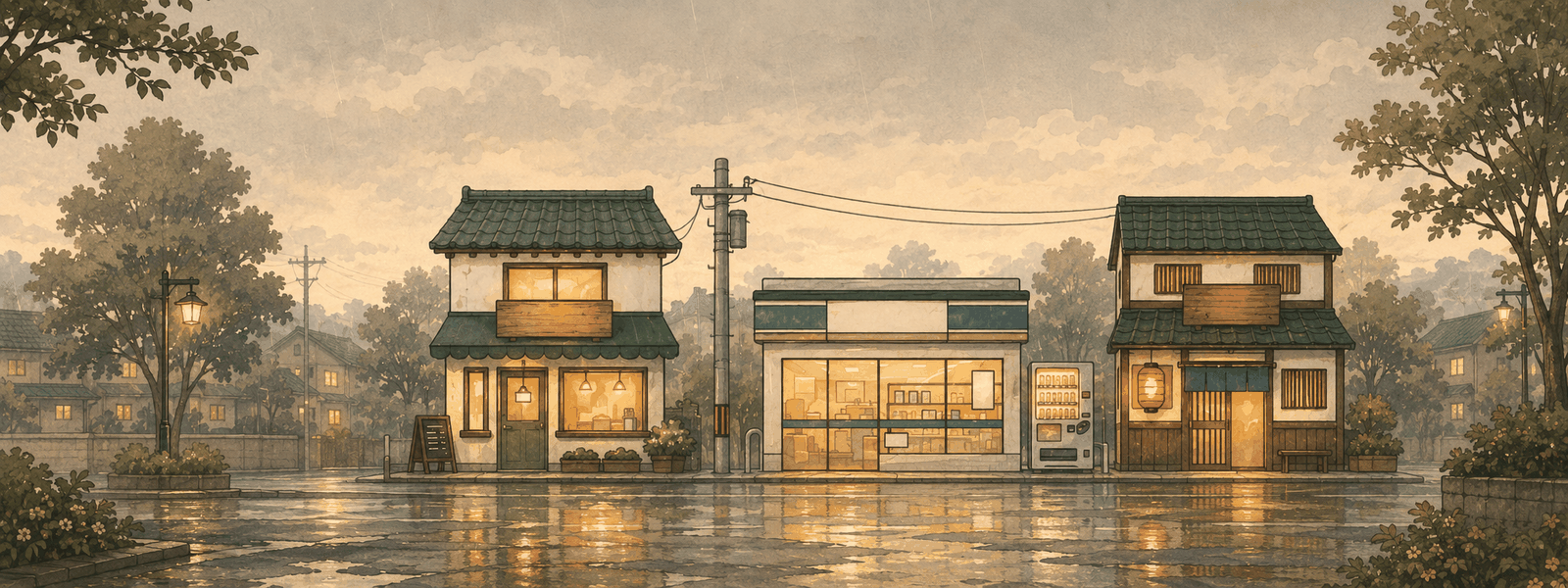 A quiet rainy Japanese street with a cafe, convenience store, and izakaya